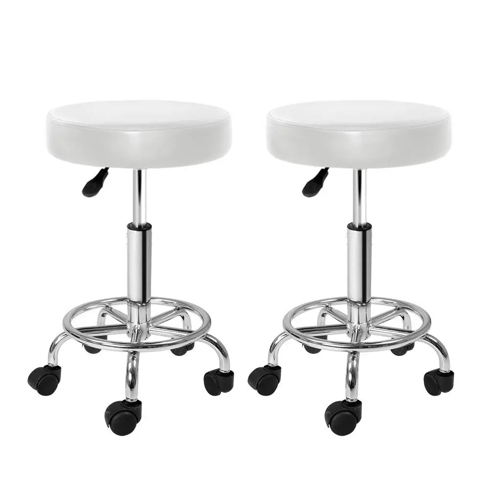 Set of 2 White Round Swivel Salon Stools Adjustable Height Chair for Beauty Spa Tattoo Reception Use