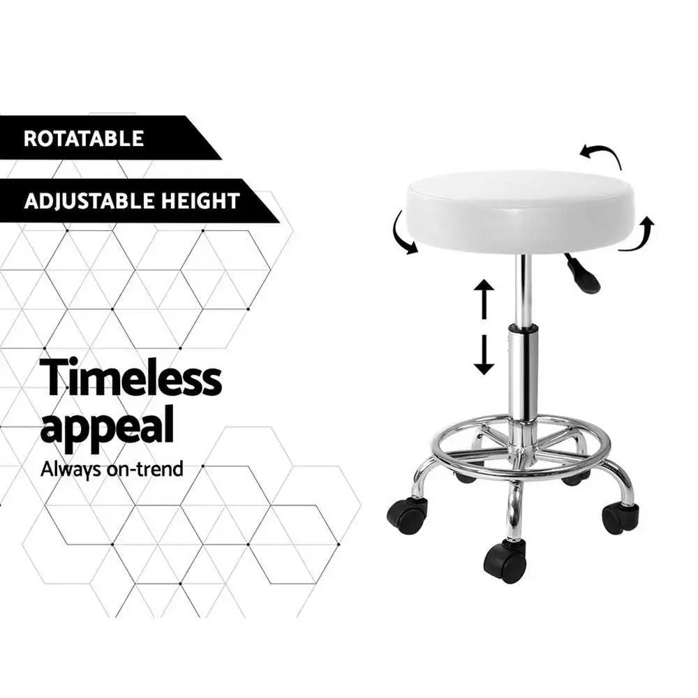 Set of 2 White Round Swivel Salon Stools Adjustable Height Chair for Beauty Spa Tattoo Reception Use