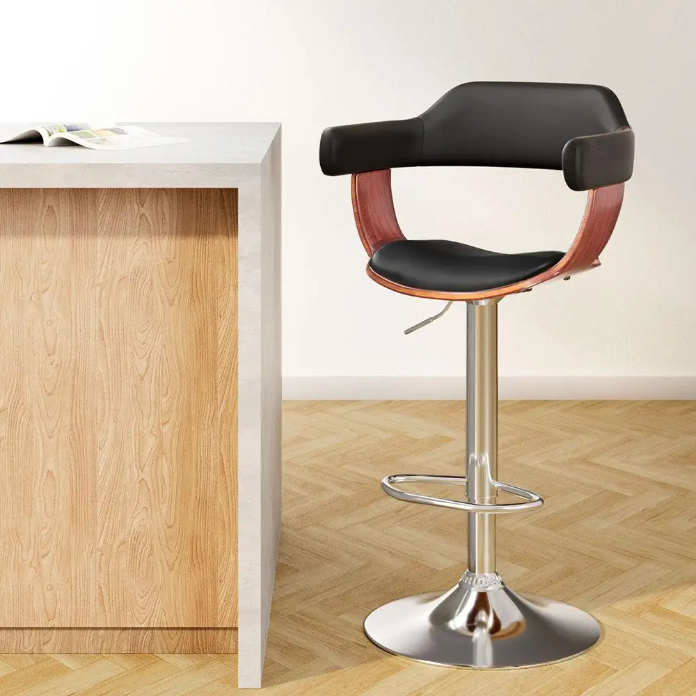 Black Leather Gas Lift Bar Stool with Armrest Adjustable Swivel Counter Chair