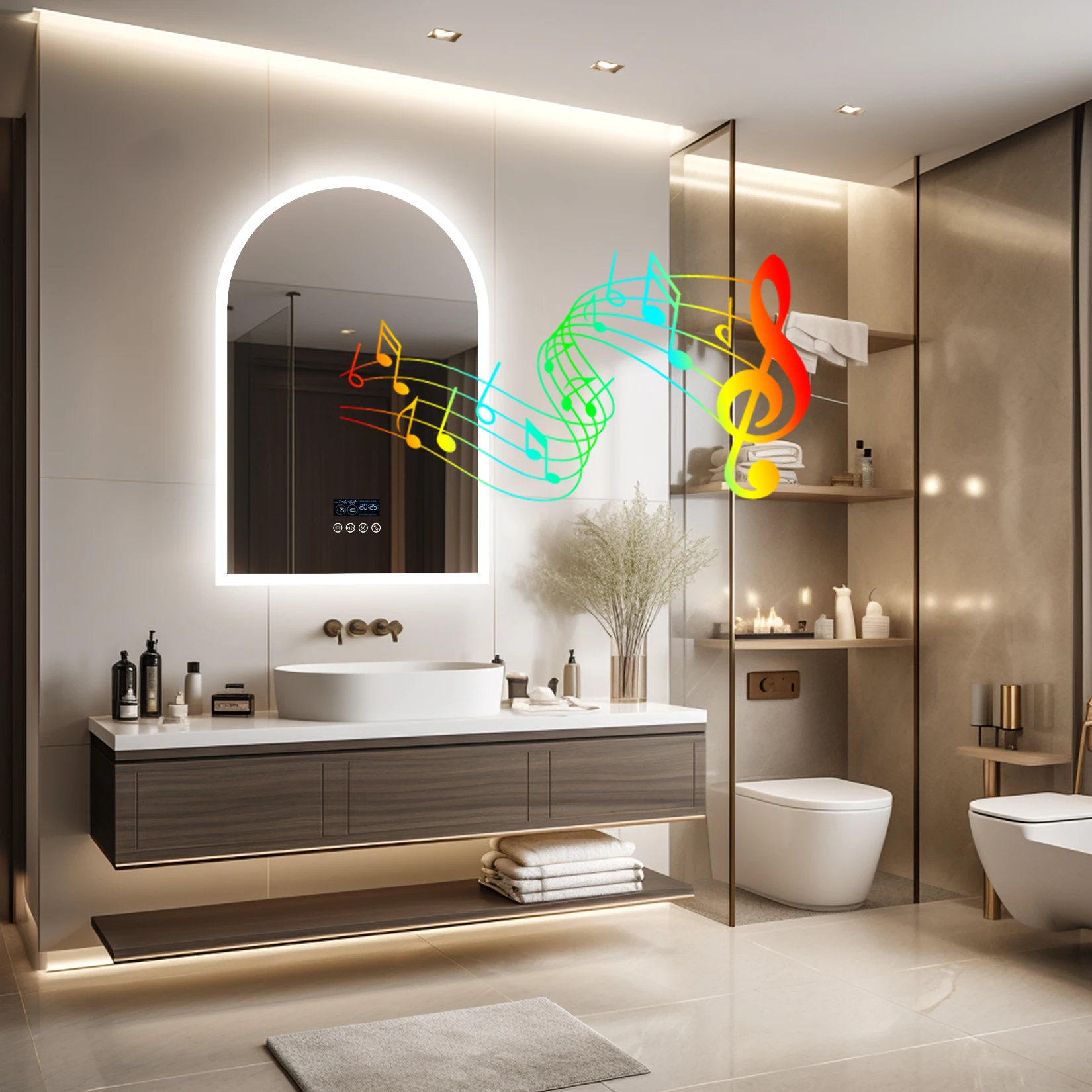 LUVODI Arched Bluetooth Bathroom Mirror with LED Backlight Dimmable Fogless Vanity Mirror with Time And Temperature Display