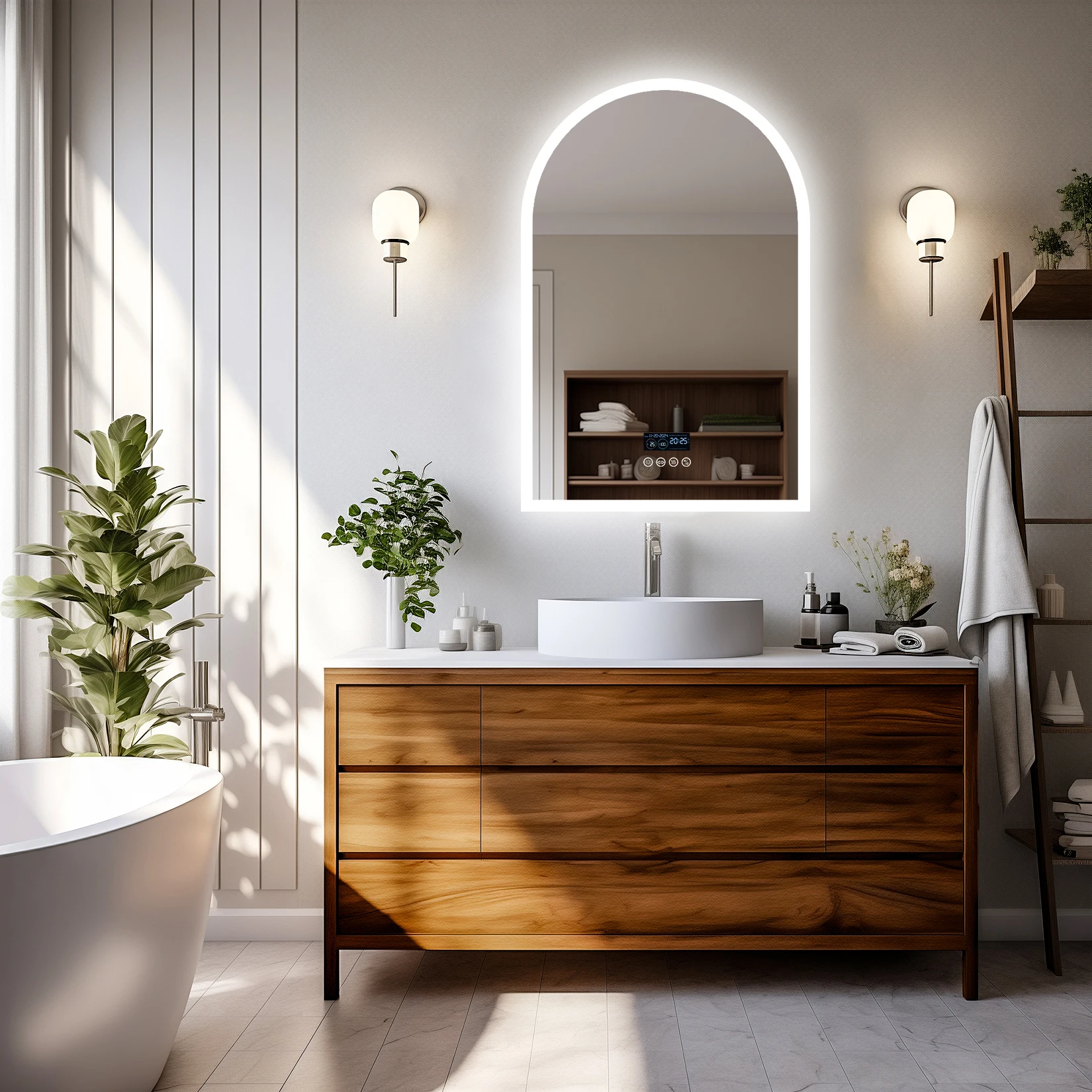 LUVODI Arched Bluetooth Bathroom Mirror with LED Backlight Dimmable Fogless Vanity Mirror with Time And Temperature Display