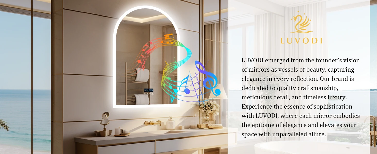 LUVODI Arched Bluetooth Bathroom Mirror with LED Backlight Dimmable Fogless Vanity Mirror with Time And Temperature Display