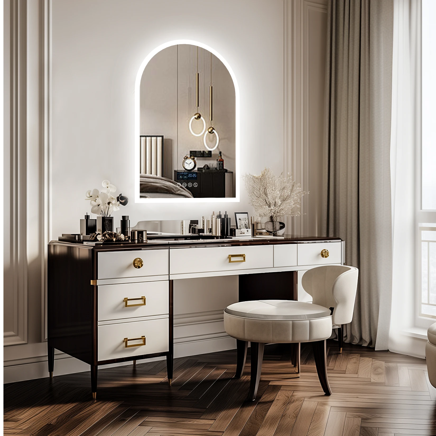 LUVODI Arched Bluetooth Bathroom Mirror with LED Backlight Dimmable Fogless Vanity Mirror with Time And Temperature Display