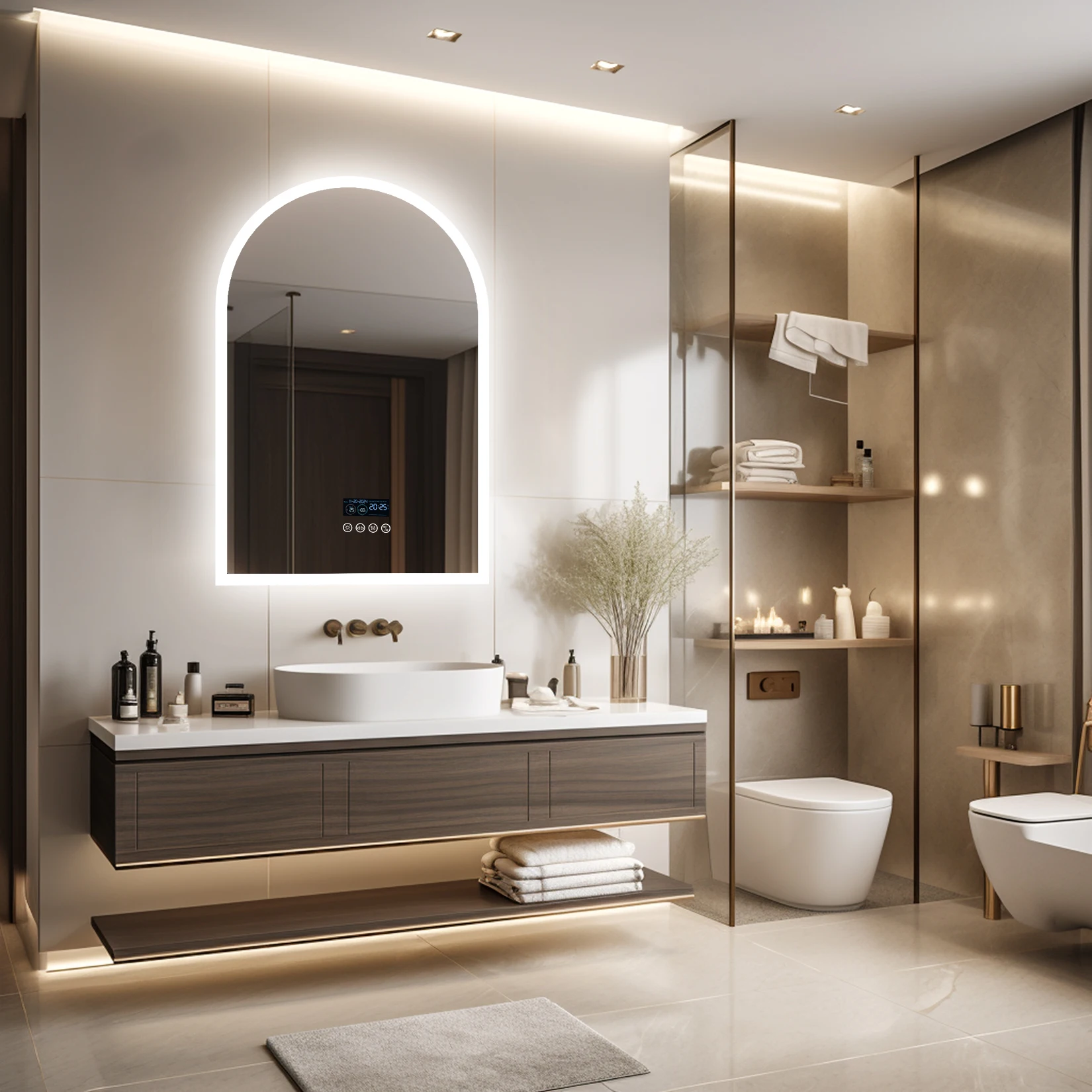 LUVODI Arched Bluetooth Bathroom Mirror with LED Backlight Dimmable Fogless Vanity Mirror with Time And Temperature Display