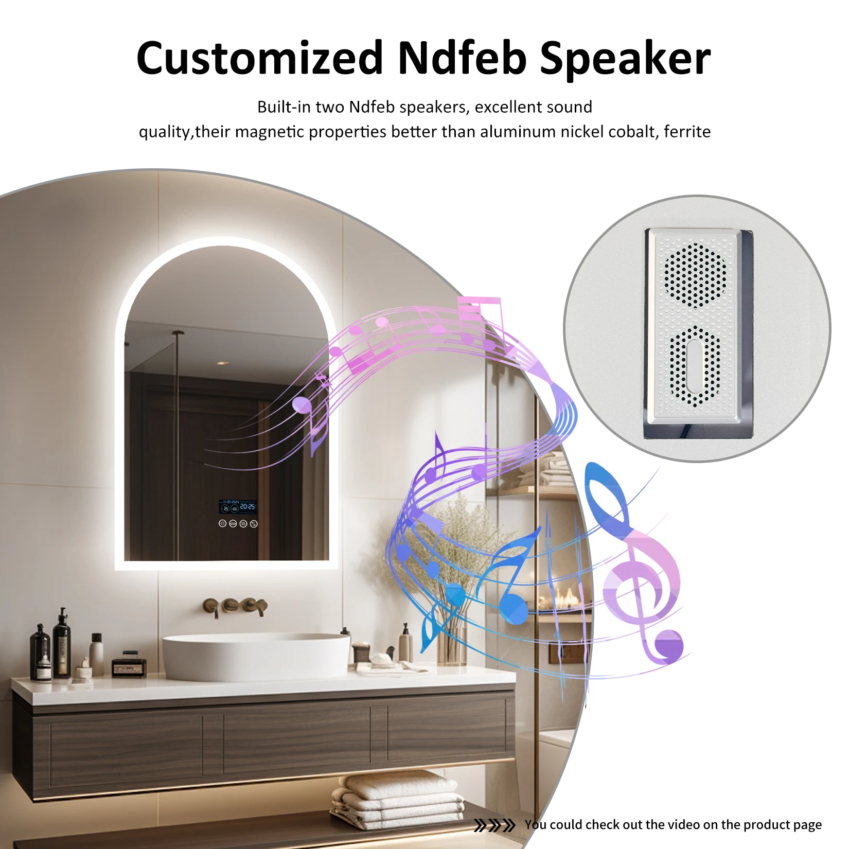 LUVODI Arched Bluetooth Bathroom Mirror with LED Backlight Dimmable Fogless Vanity Mirror with Time And Temperature Display