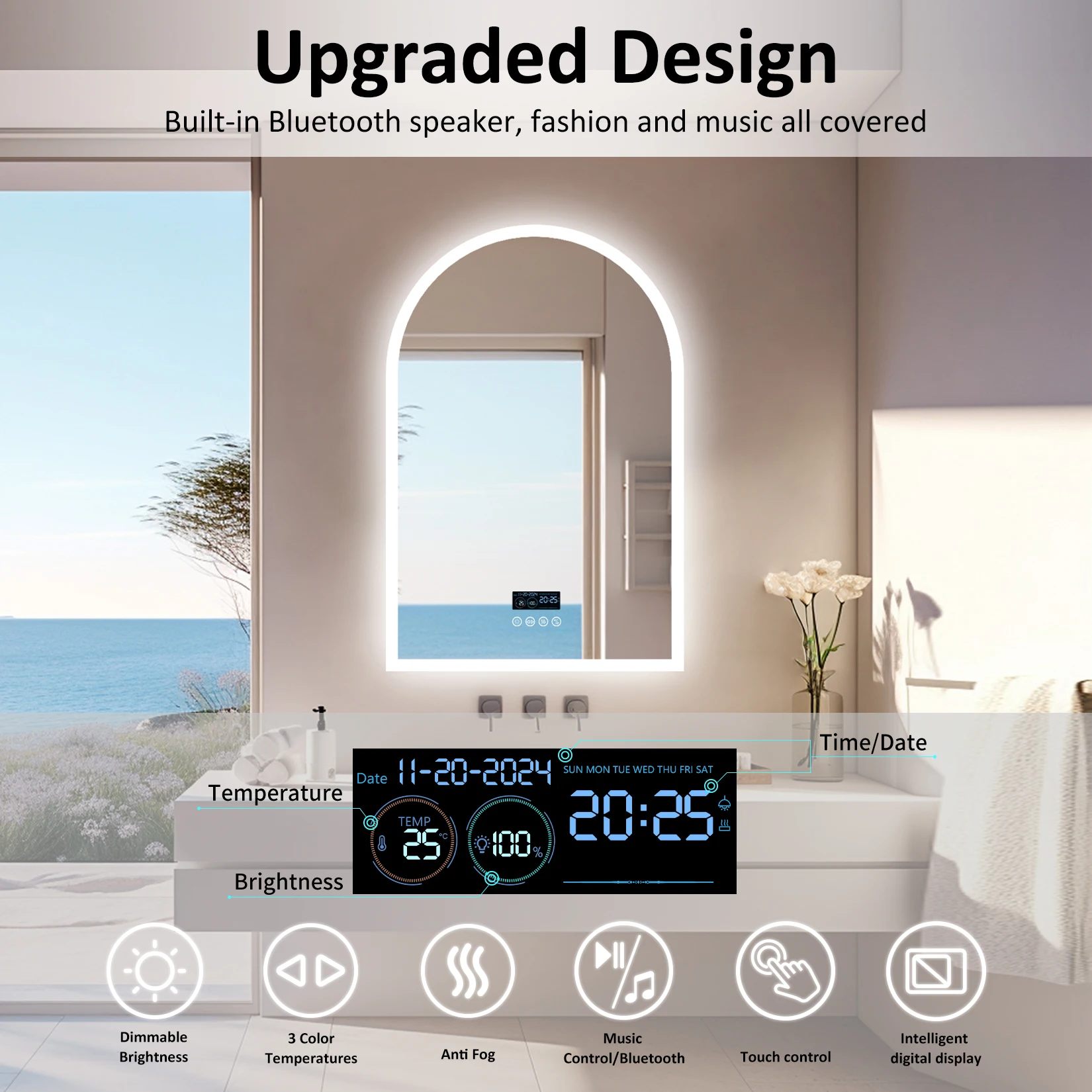 LUVODI Arched Bluetooth Bathroom Mirror with LED Backlight Dimmable Fogless Vanity Mirror with Time And Temperature Display