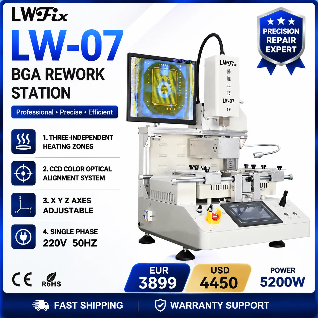 LWFix LW-07 Professional BGA Rework Station 5300W PCB Repair Machine Optical Alignment SMT Equipment for IC Chip Replacement and Electronics Repair