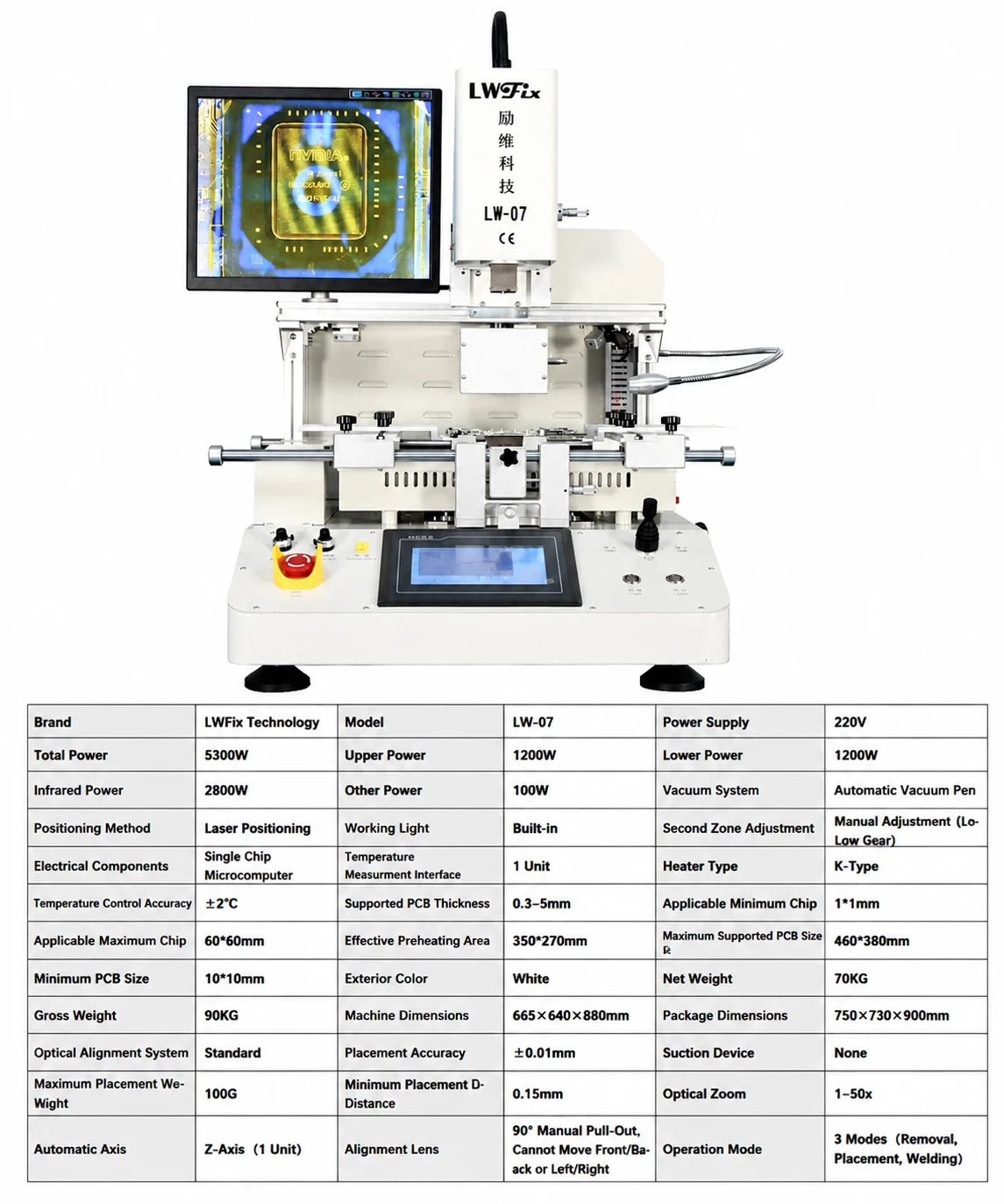 LWFix LW-07 Professional BGA Rework Station 5300W PCB Repair Machine Optical Alignment SMT Equipment for IC Chip Replacement and Electronics Repair