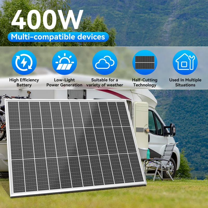 RVPOZWER 400W Rigid Solar Panel White Frame N-Type Monocrystalline Cells High Conversion Efficiency Waterproof PV Panel for Home Farm Outdoor Camping Off-Grid System Caravan