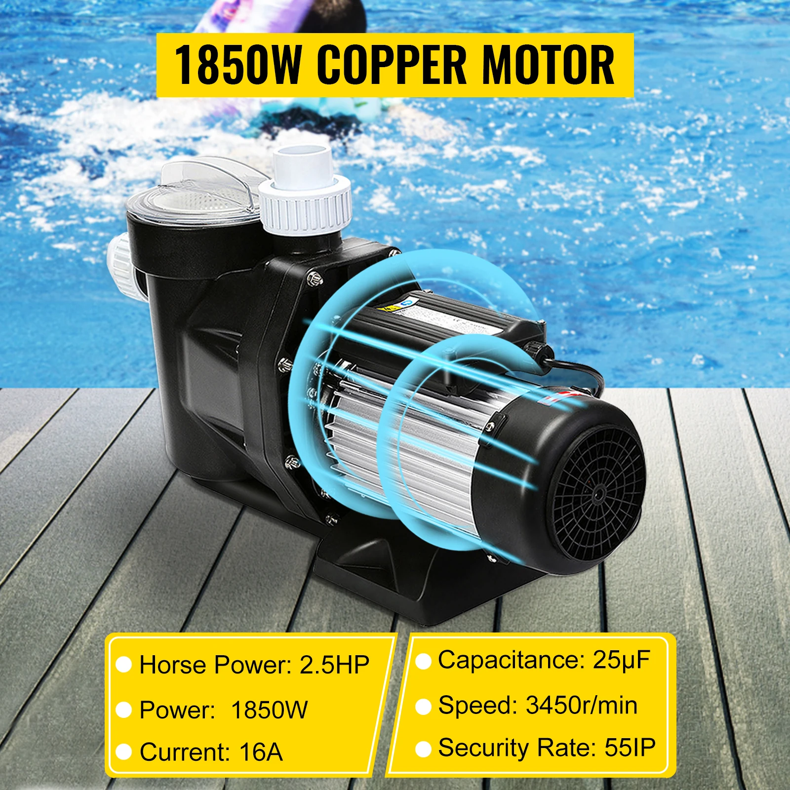 SucceBuy2.5HP Pool Pump Motor With Strainer Basket 1850W Water Pump Aquarium Swimming Pool Pump Circulation Pump Above In Ground