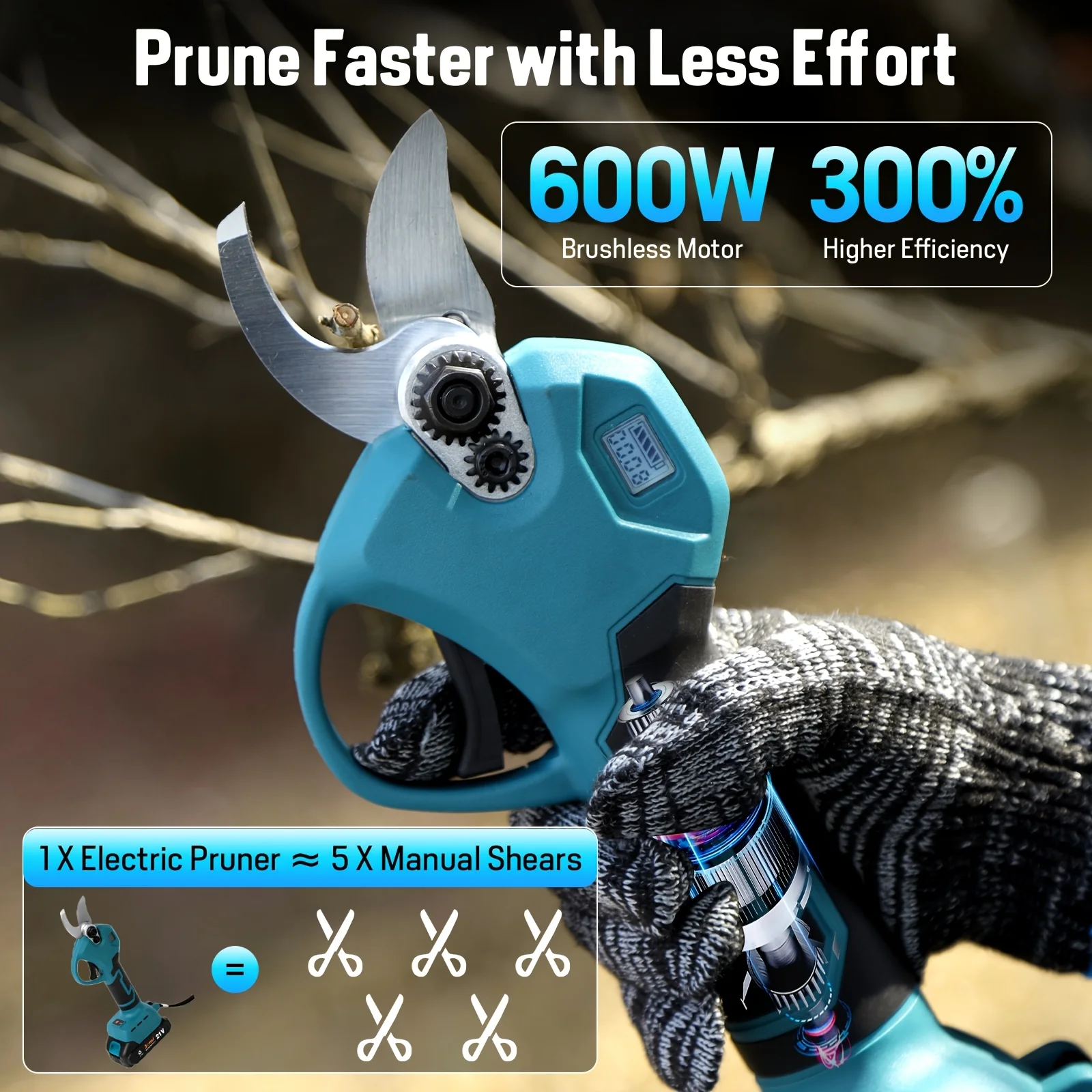 Jemi Tool brushless cordless electric pruning shears feature two cutting modes, suitable for gardening tree trimming and pot decoration. The sharp and sturdy blades can cut a maximum diameter of 30mm.