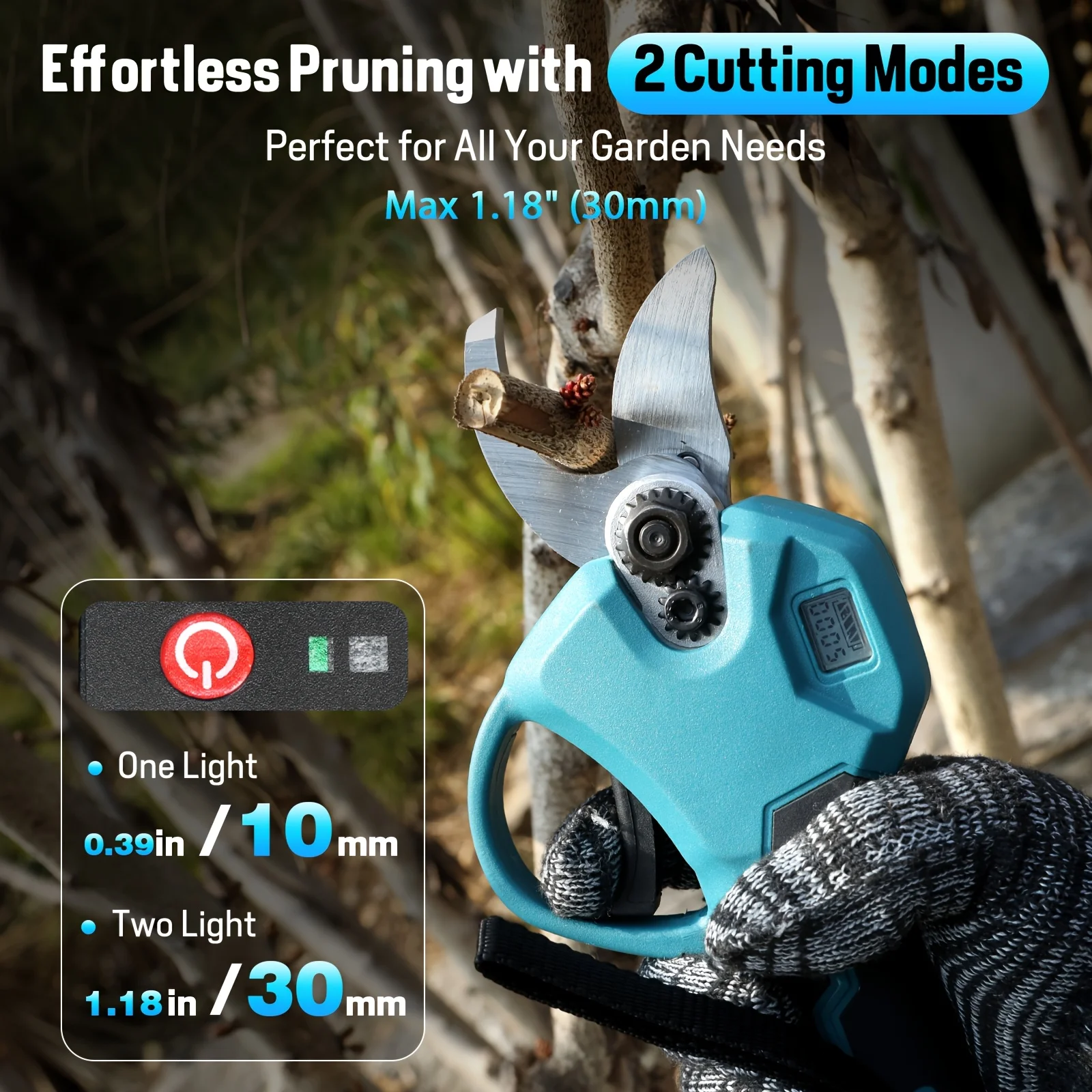 Jemi Tool brushless cordless electric pruning shears feature two cutting modes, suitable for gardening tree trimming and pot decoration. The sharp and sturdy blades can cut a maximum diameter of 30mm.