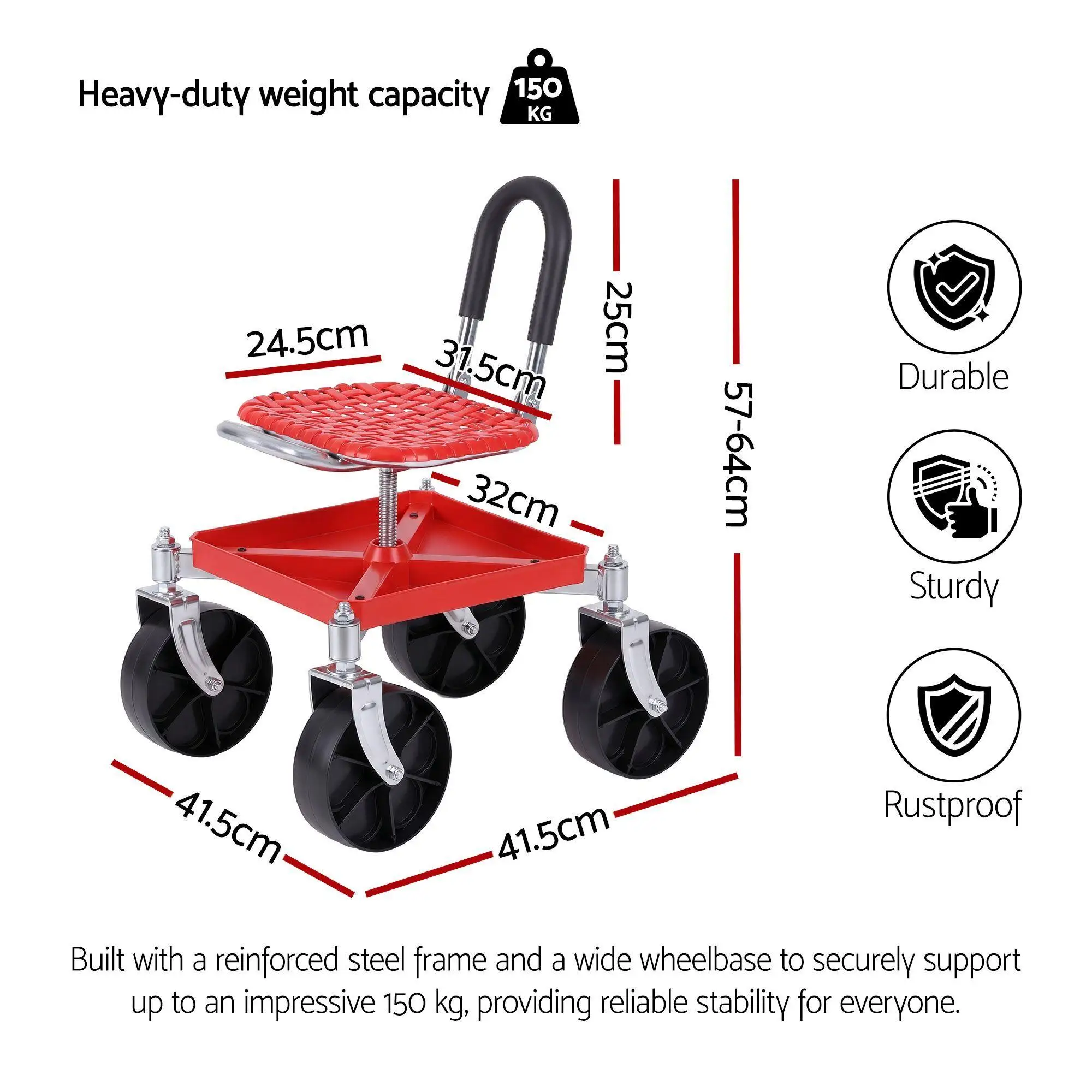 Garden Cart Seat Rolling Stool 360 Degree Swivel Height Adjustable Heavy Duty Red