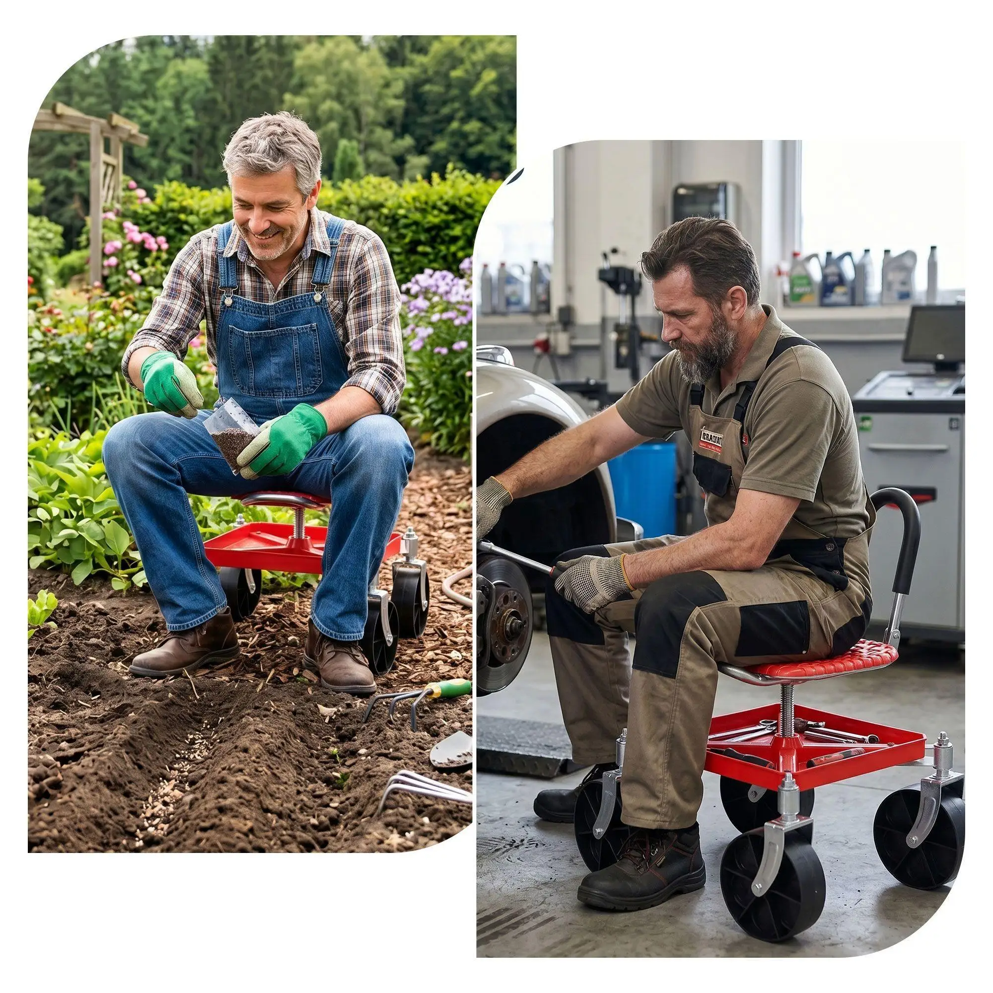 Garden Cart Seat Rolling Stool 360 Degree Swivel Height Adjustable Heavy Duty Red
