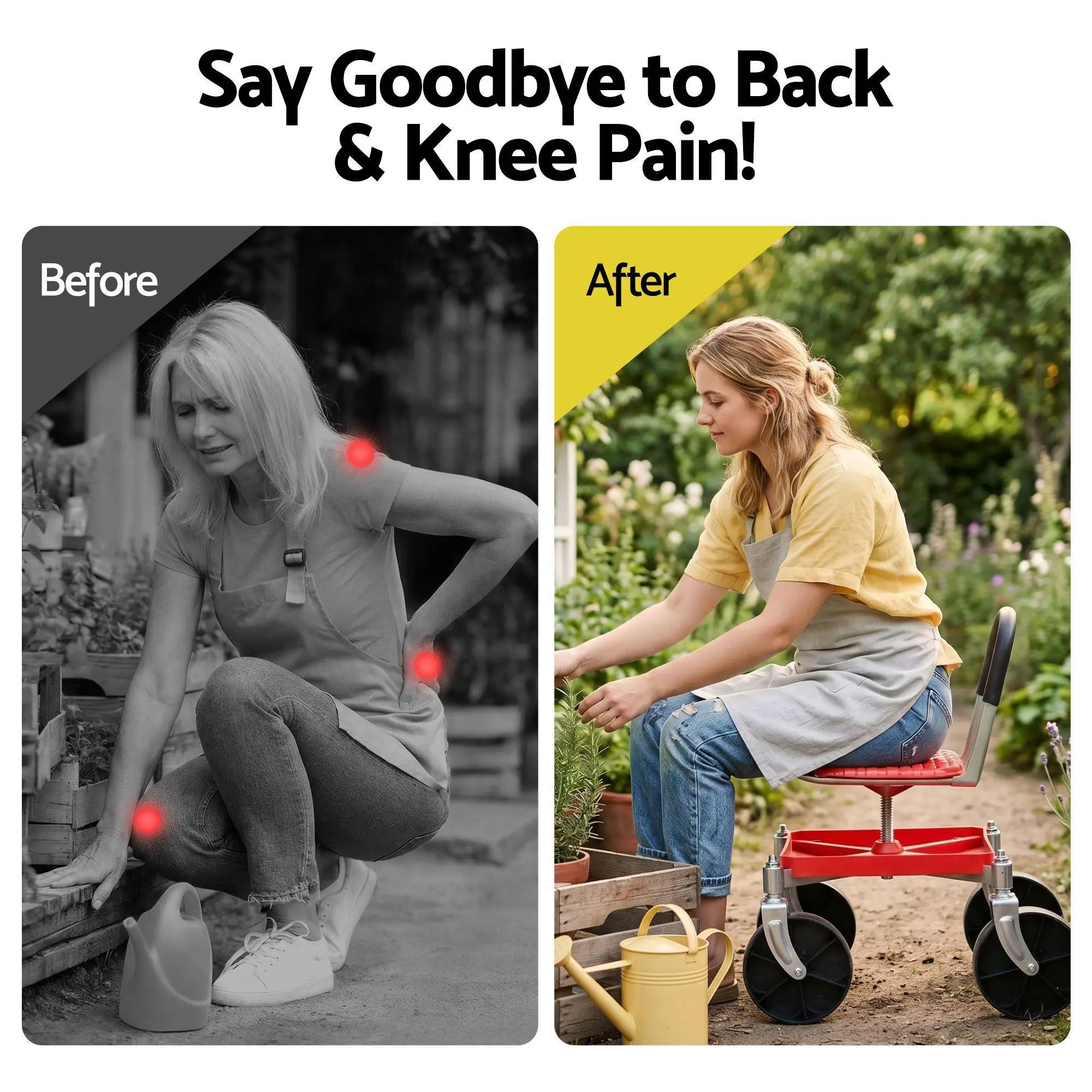 Garden Cart Seat Rolling Stool 360 Degree Swivel Height Adjustable Heavy Duty Red