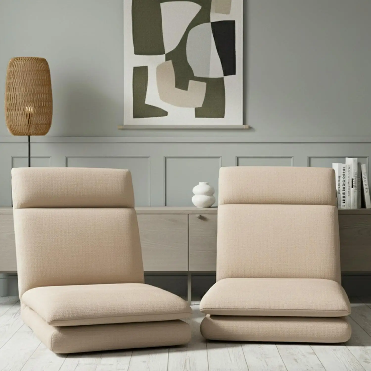 2X Fold Floor Chair Sofa Linen Beige Adjustable Backrest Living Room Lounger Cushion Seat Compact Portable Indoor Relaxation Chair