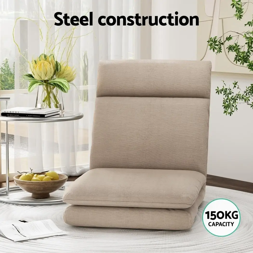 2X Fold Floor Chair Sofa Linen Beige Adjustable Backrest Living Room Lounger Cushion Seat Compact Portable Indoor Relaxation Chair