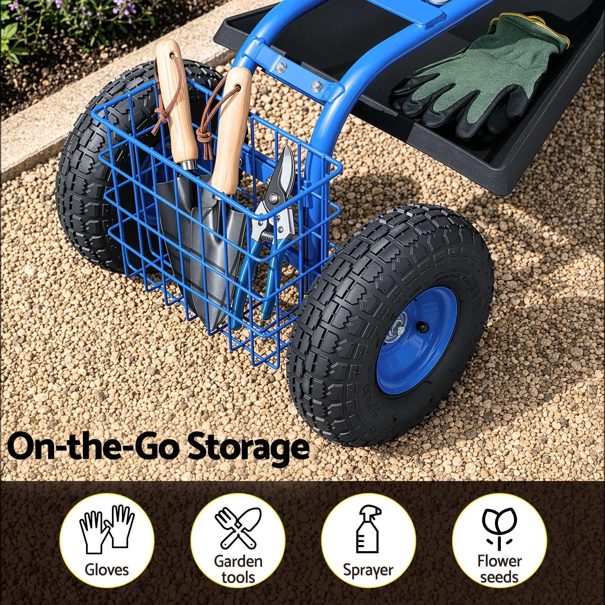 Garden Seat with Wheels 360 Degree Swivel Adjustable Height Heavy Duty Rolling Stool 150kg Capacity for Outdoor Use
