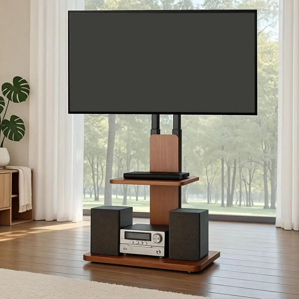 Universal Wood TV Stand Swivel Height Adjustable Tray for 32 to 70 Inch TVs