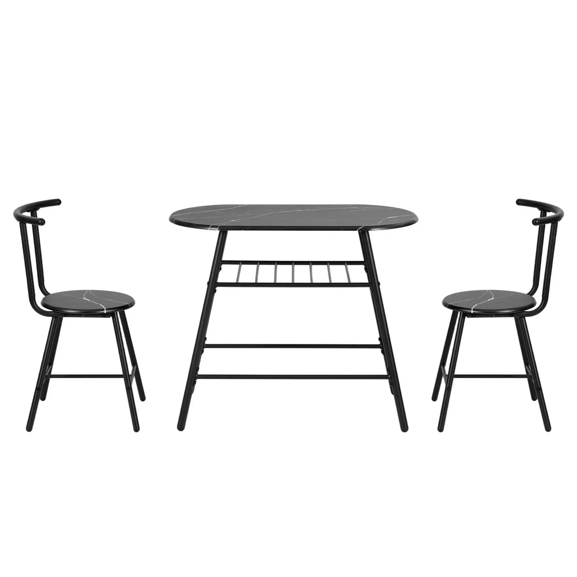 3 Piece Bistro Dining Table Set with Storage Shelf and Wine Rack Black Marble Style Kitchen Furniture