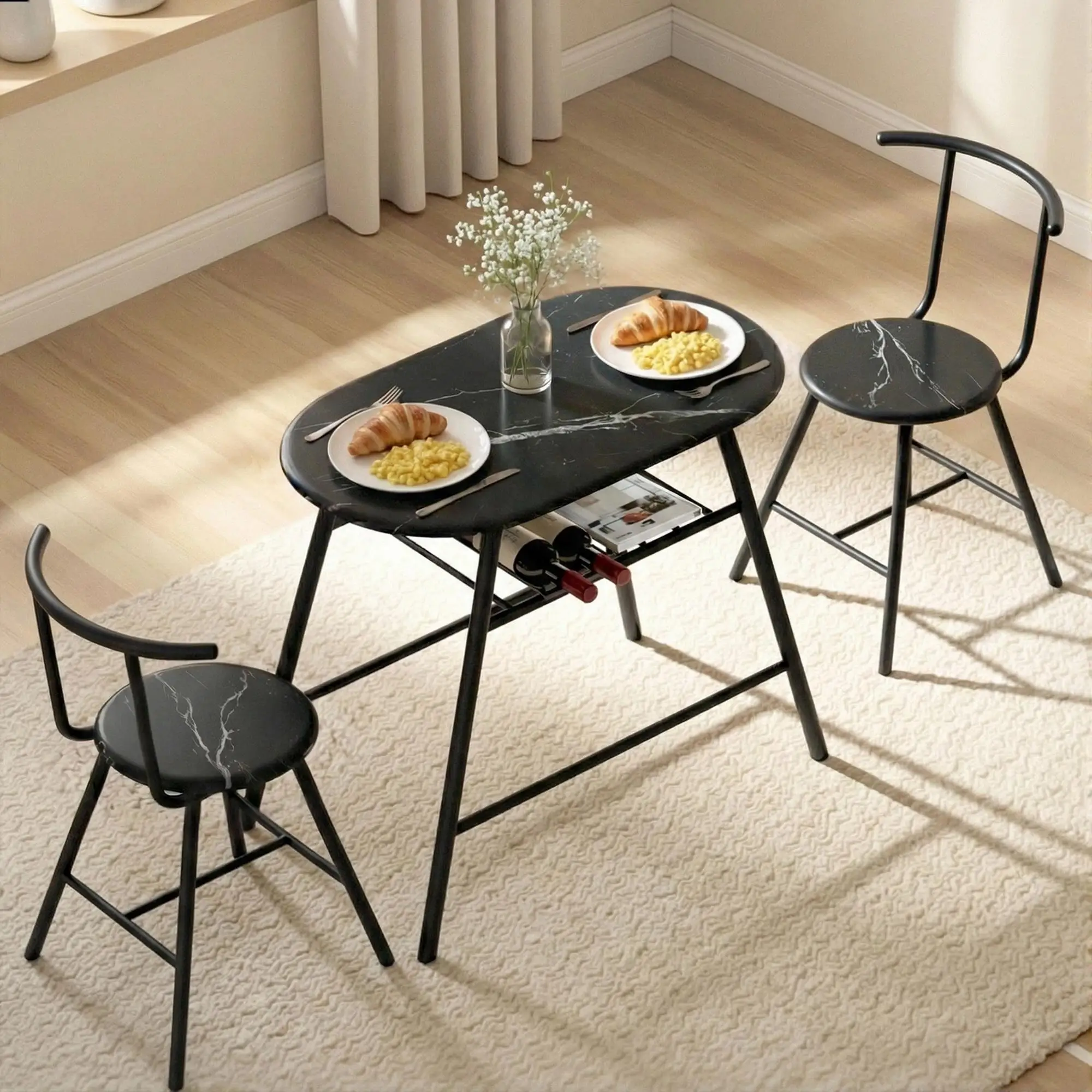 3 Piece Bistro Dining Table Set with Storage Shelf and Wine Rack Black Marble Style Kitchen Furniture