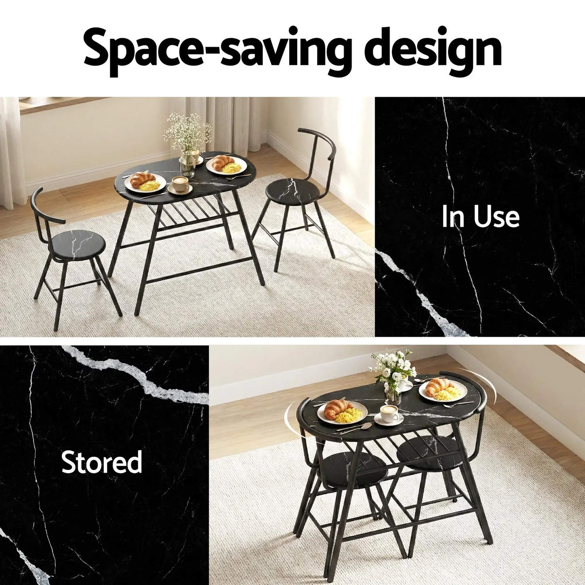 3 Piece Bistro Dining Table Set with Storage Shelf and Wine Rack Black Marble Style Kitchen Furniture