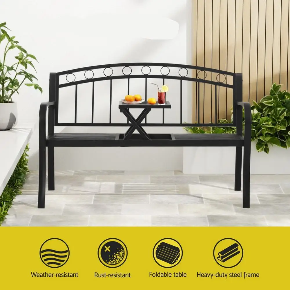 Outdoor Garden Bench Loveseat Steel Folding Patio Table Furniture Black Seat Outdoor Terrace Backyard Dual Seat Lounge Chair