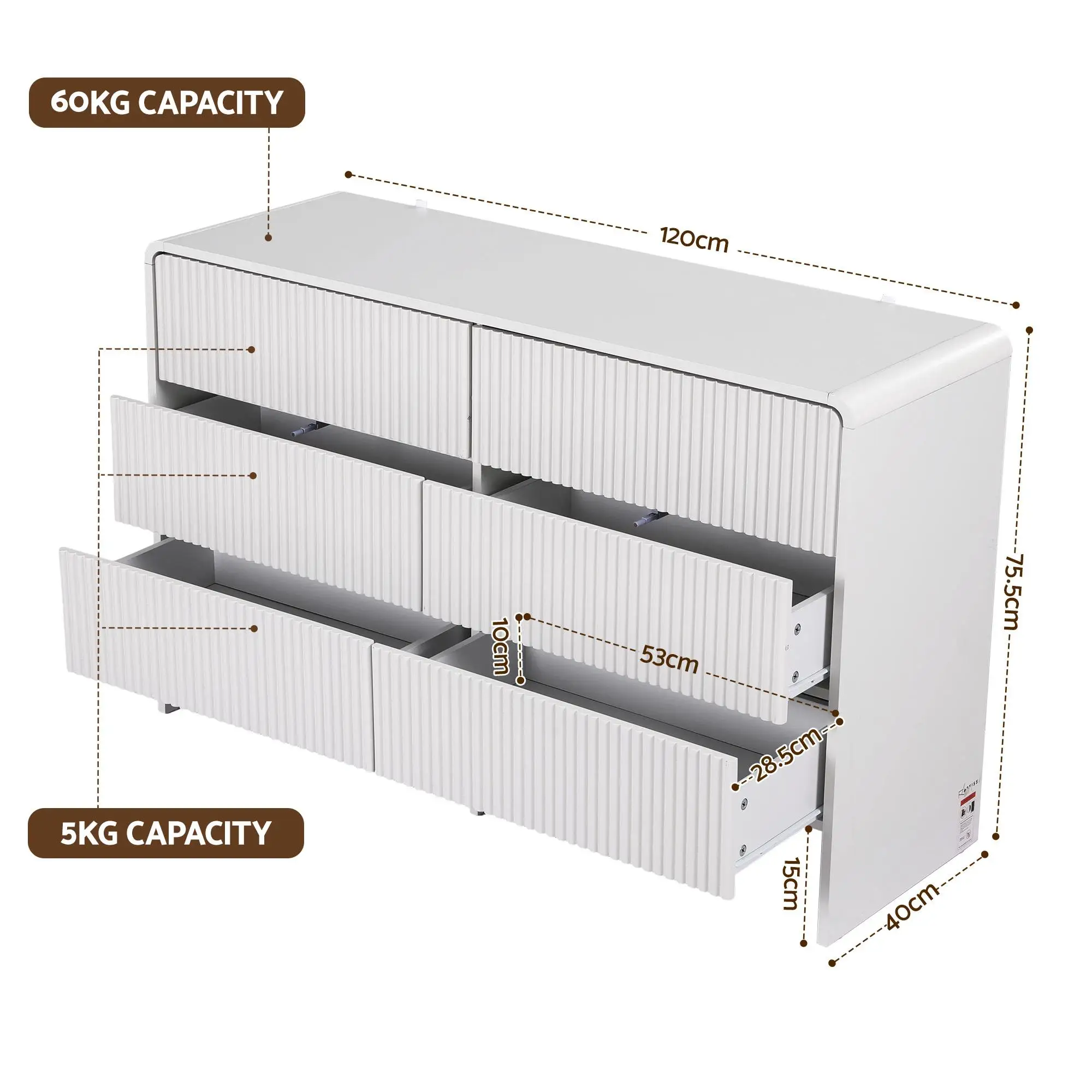 6 Drawer Chest Dresser Cabinet Beige Wooden Storage Organizer for Bedroom Living Room Modern Freestanding Furniture