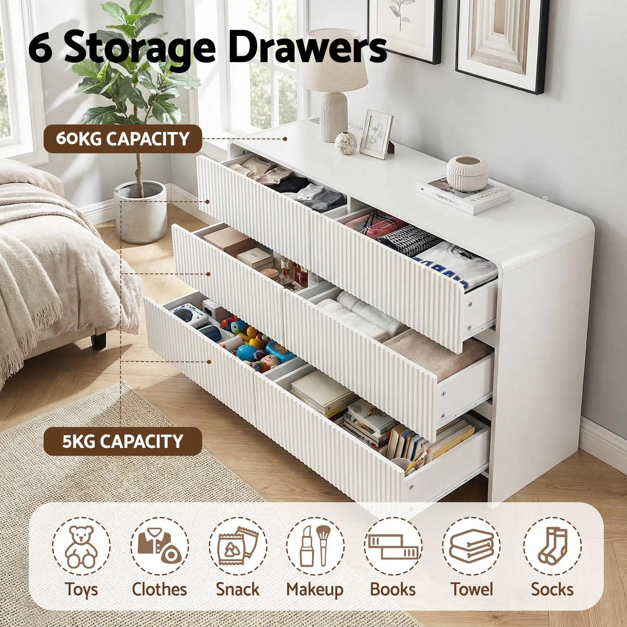 6 Drawer Chest Dresser Cabinet Beige Wooden Storage Organizer for Bedroom Living Room Modern Freestanding Furniture