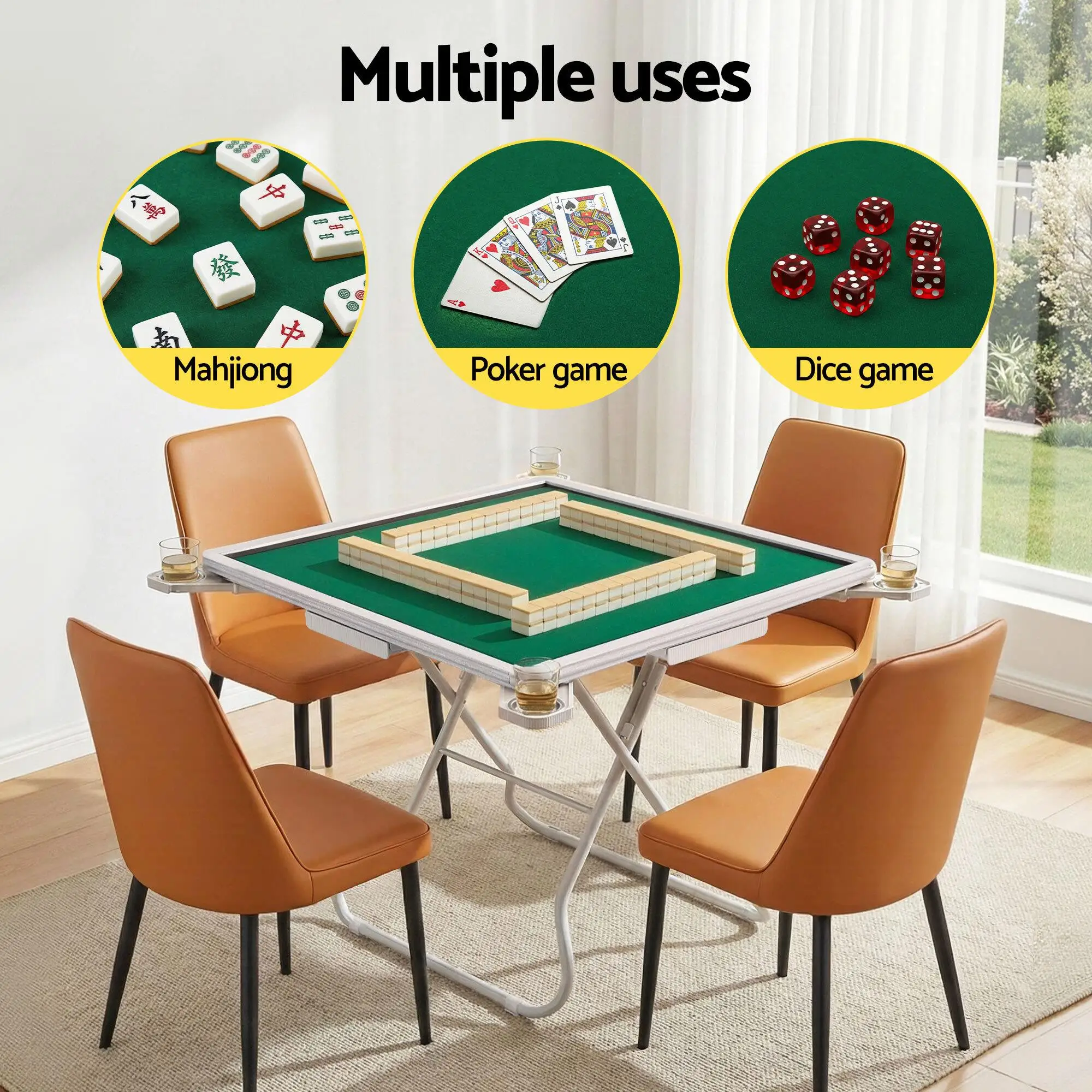 Foldable Mahjong Table for home 4 Drawers Cup Holders Green Portable Game Table
