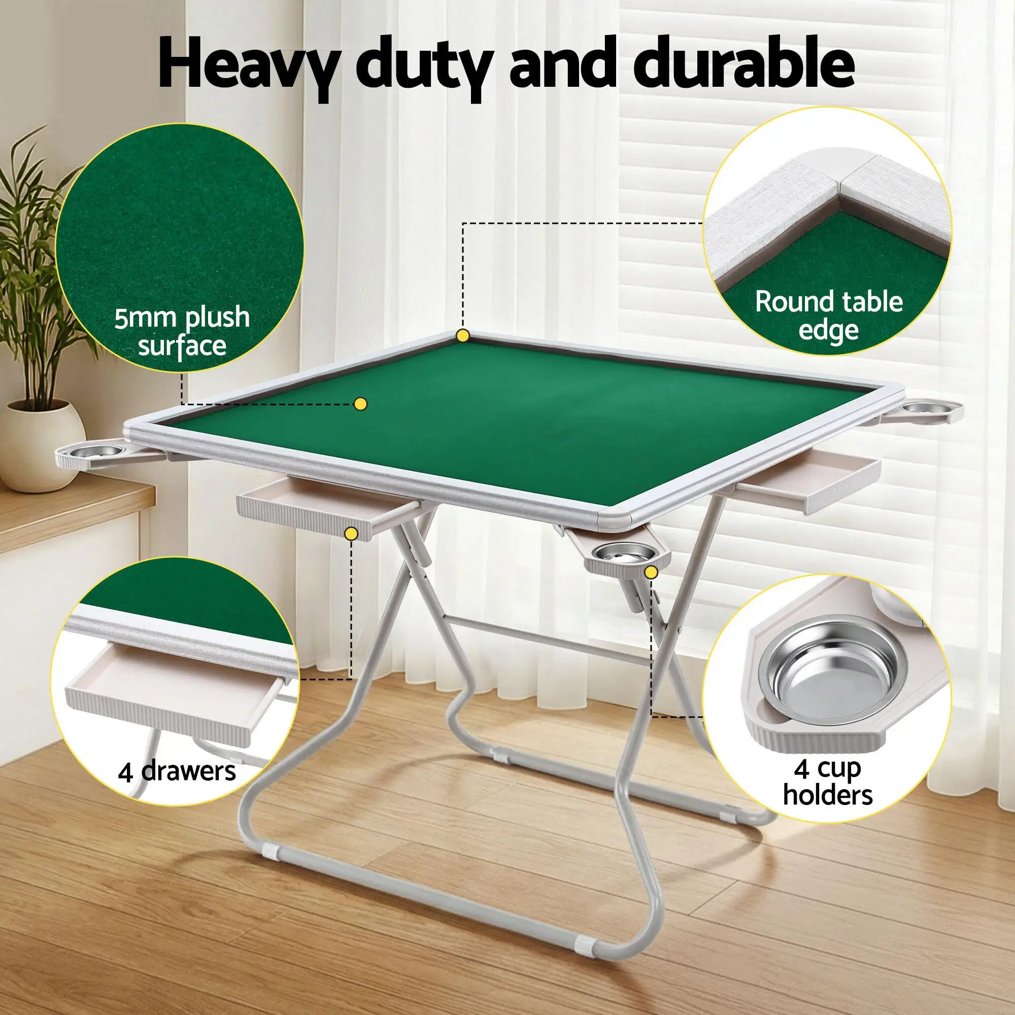 Foldable Mahjong Table for home 4 Drawers Cup Holders Green Portable Game Table