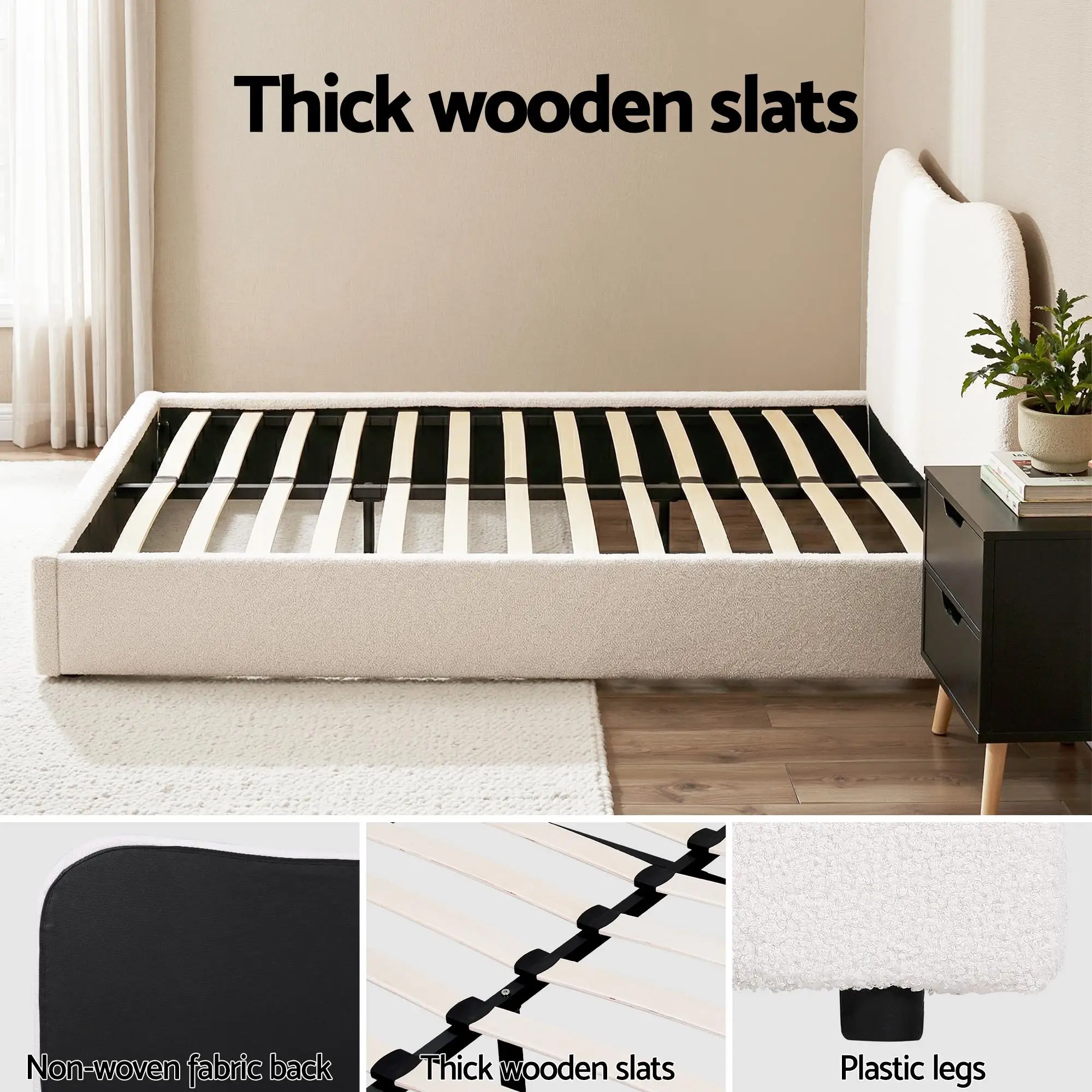 Double Bed Frame and Bedside Table Set Boucle Beige with Black Headboard and Nightstand Modern Upholstered Bedroom Furniture Set