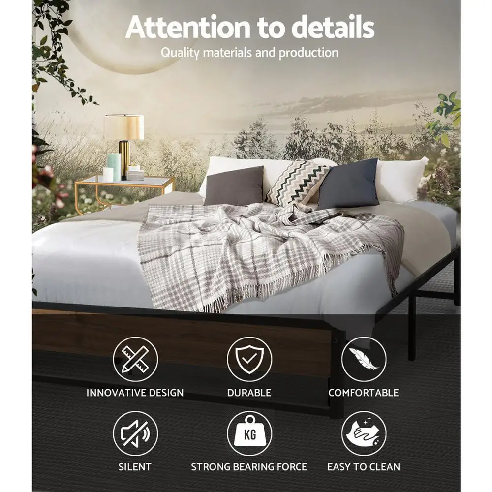 Queen Metal Bed Frame Durable Bed Base Oslo Style Modern Platform Support Frame