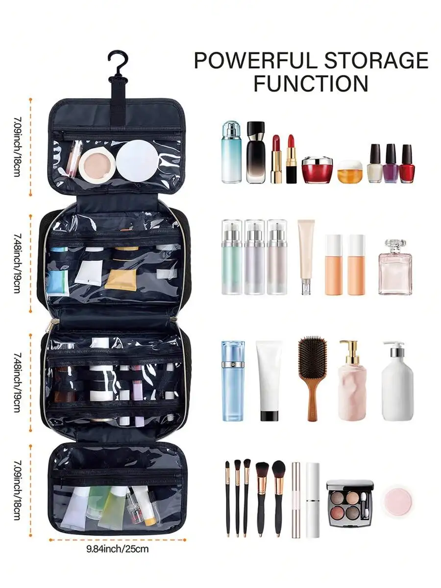 Large Capacity Hanging Travel Organizer - Waterproof Multi-Compartment Makeup Bag With Hook, Unisex, Black, Toiletry Organizer,