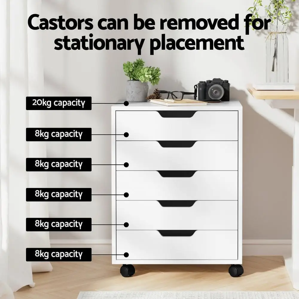 5 Drawer Mobile Filing Cabinet Rolling Storage Chest White Office Storage Cabinet