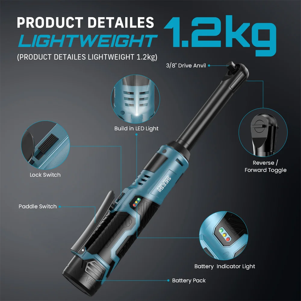 SEESII 3/8" Cordless Electric Wrench 55Nm 6'' Extended Ratchet Wrench 12V Rechargeable Angle Wrench Car Repair Tools with 2pcs Batteries