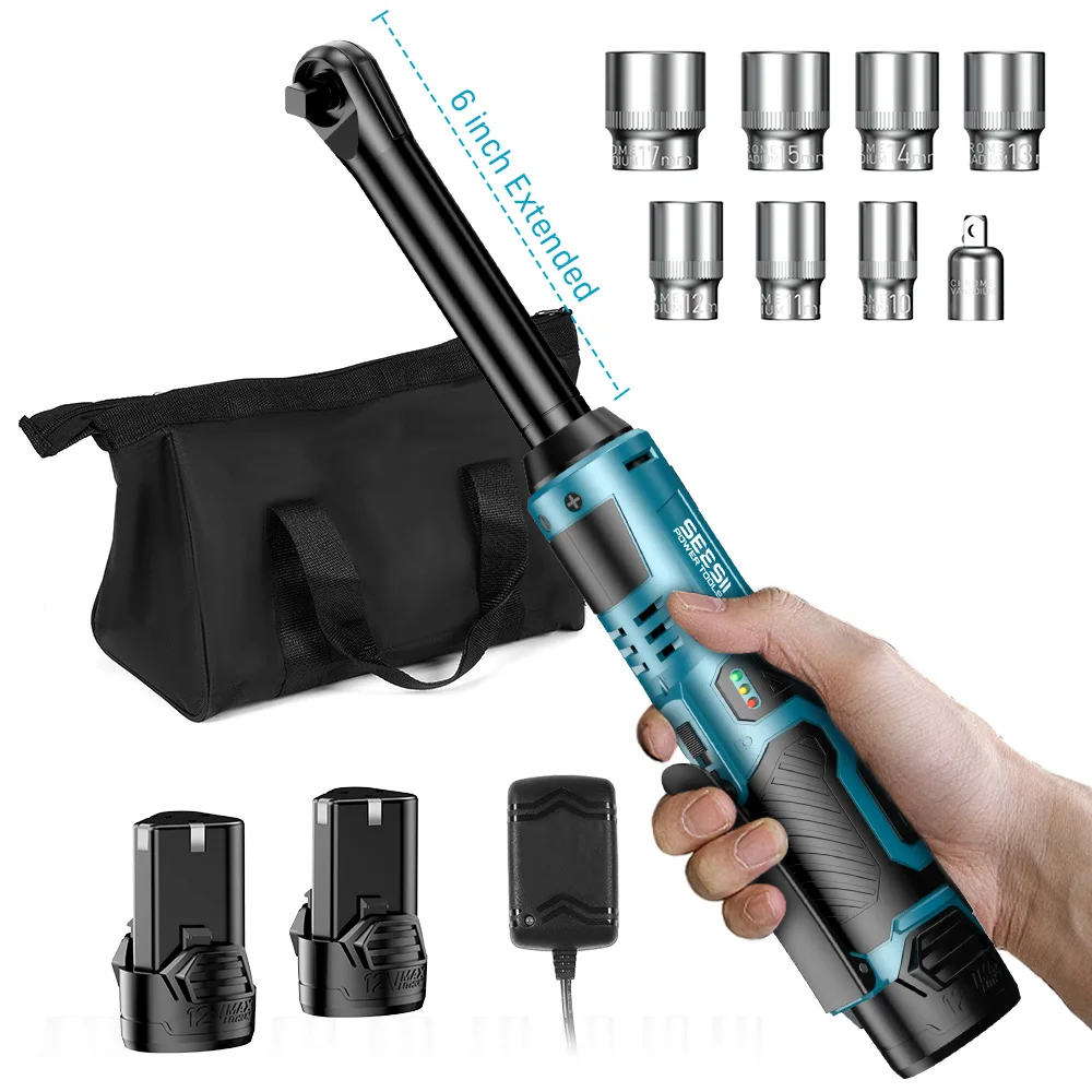 SEESII 3/8" Cordless Electric Wrench 55Nm 6'' Extended Ratchet Wrench 12V Rechargeable Angle Wrench Car Repair Tools with 2pcs Batteries