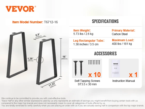 VEVOR 16inch Trapezoid Steel Table Legs Replacement Furniture Legs Set of 2 for DIY Coffee Tables Desks Bench Night Stands Sofa