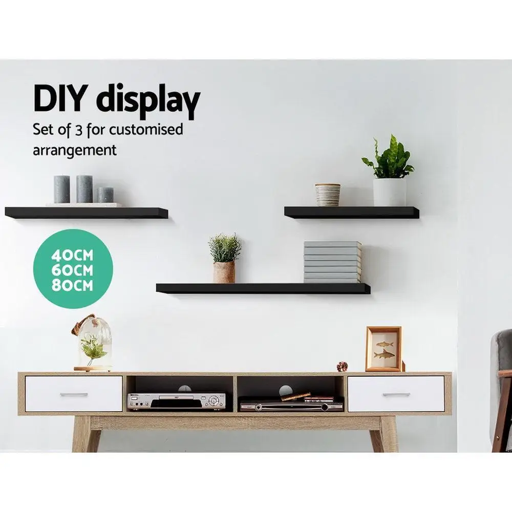 Floating Wall Shelf Set of 3 Black Modern Minimalist Storage Display Shelves for Living Room Bedroom Bathroom Kitchen Decor