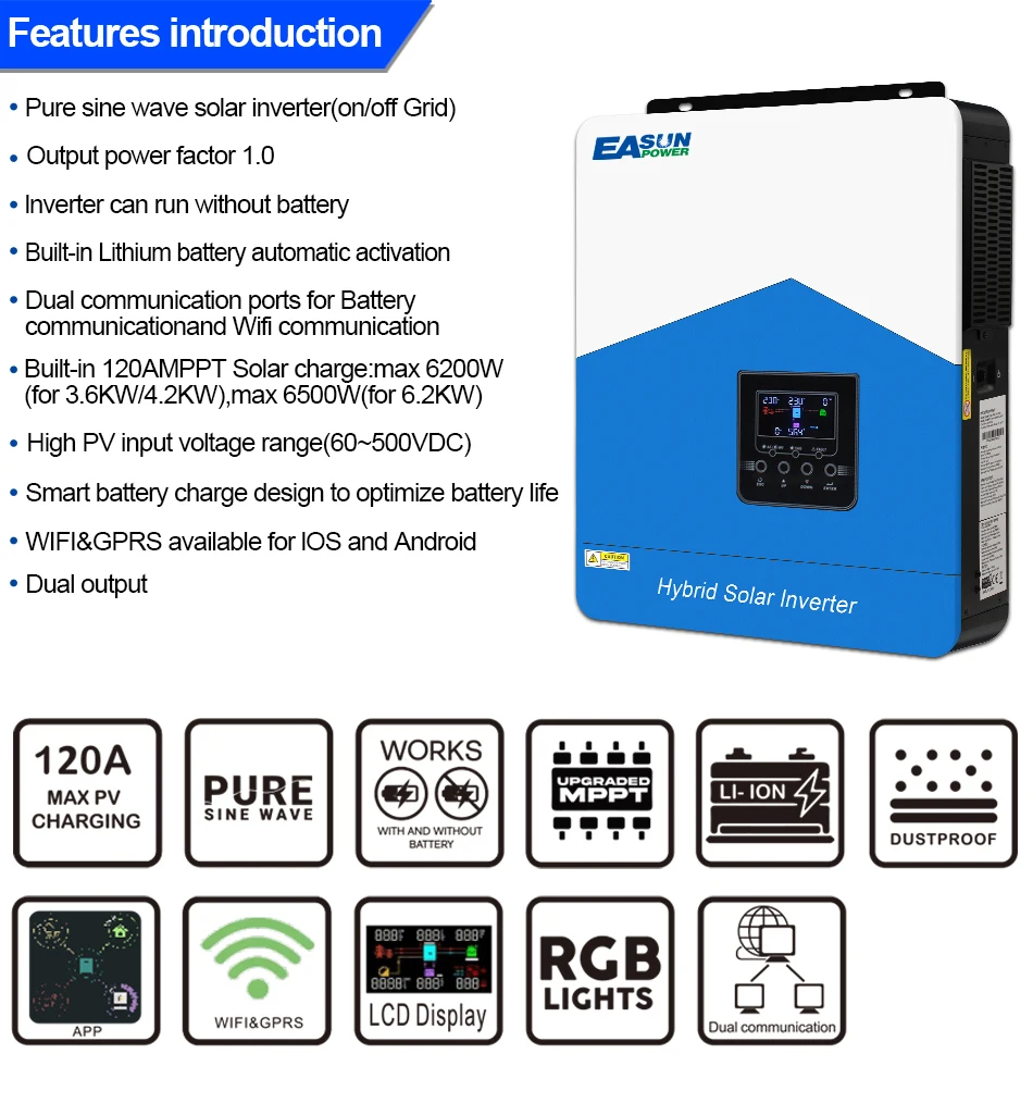 EASUN POWER 6.2KW 48V Off Grid Hybrid Solar Inverter Pure Sine Wave Built-in 120A MPPT Solar Charge Controller PV 60V-500VDC Home Solar Power System Suitable for Australian Homes Shipped from Australia Local Warehouse
