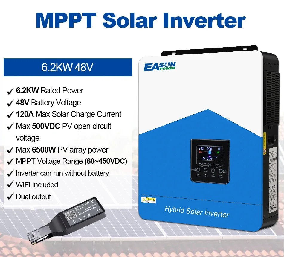 EASUN POWER 6.2KW 48V Off Grid Hybrid Solar Inverter Pure Sine Wave Built-in 120A MPPT Solar Charge Controller PV 60V-500VDC Home Solar Power System Suitable for Australian Homes Shipped from Australia Local Warehouse