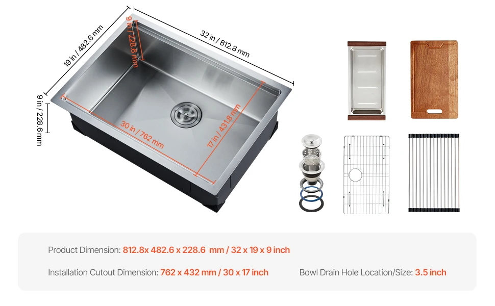 VEVOR Kitchen Sink Workstation Stainless Steel Sinks ingle Bowl Basin with Ledge & Accessories Household Dishwasher for RV