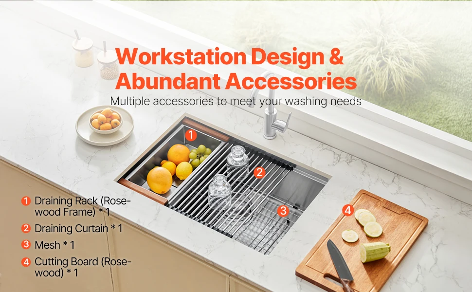VEVOR Kitchen Sink Workstation Stainless Steel Sinks ingle Bowl Basin with Ledge & Accessories Household Dishwasher for RV