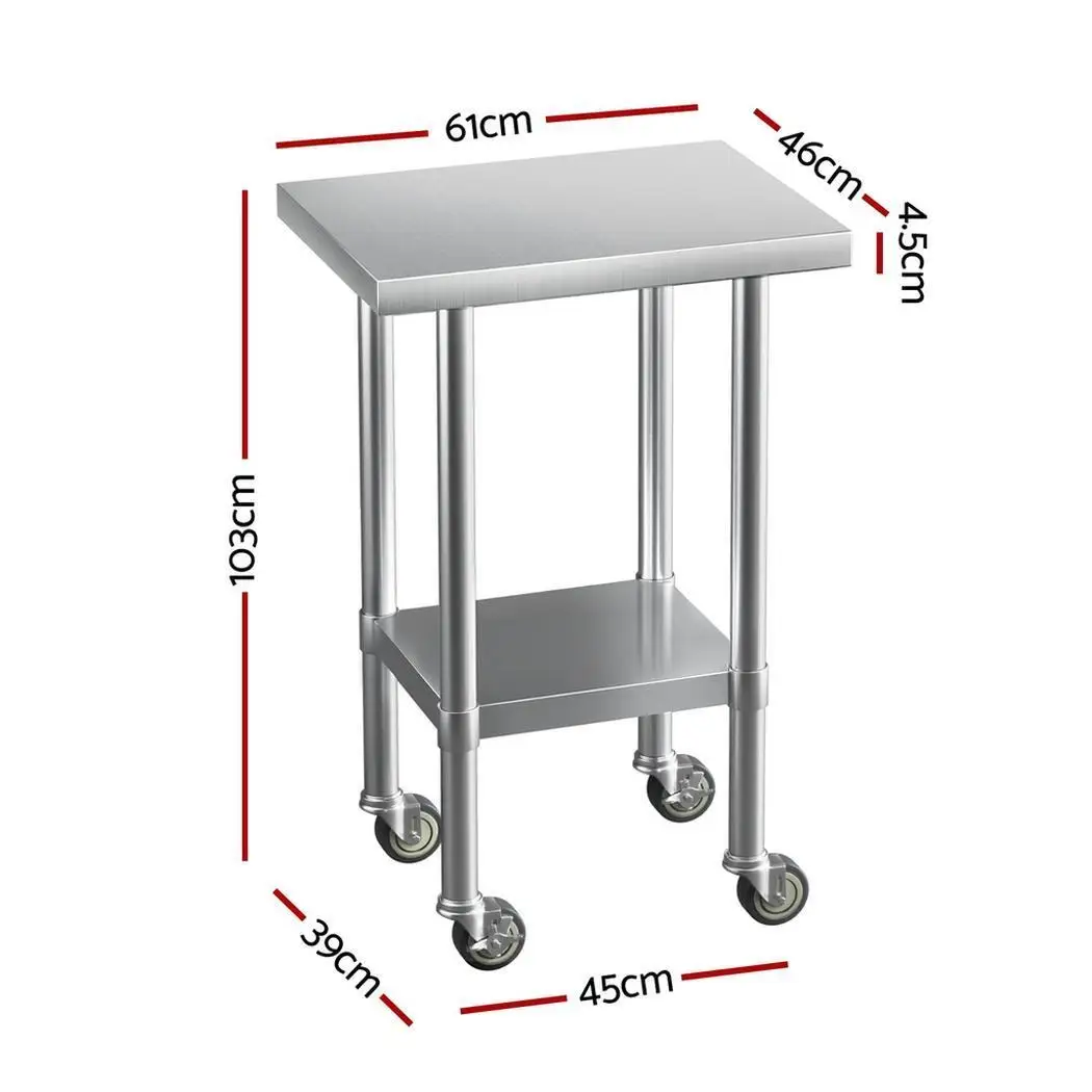 Stainless Steel Kitchen Work Bench with Wheels 61x46cm Heavy Duty Mobile Prep Table