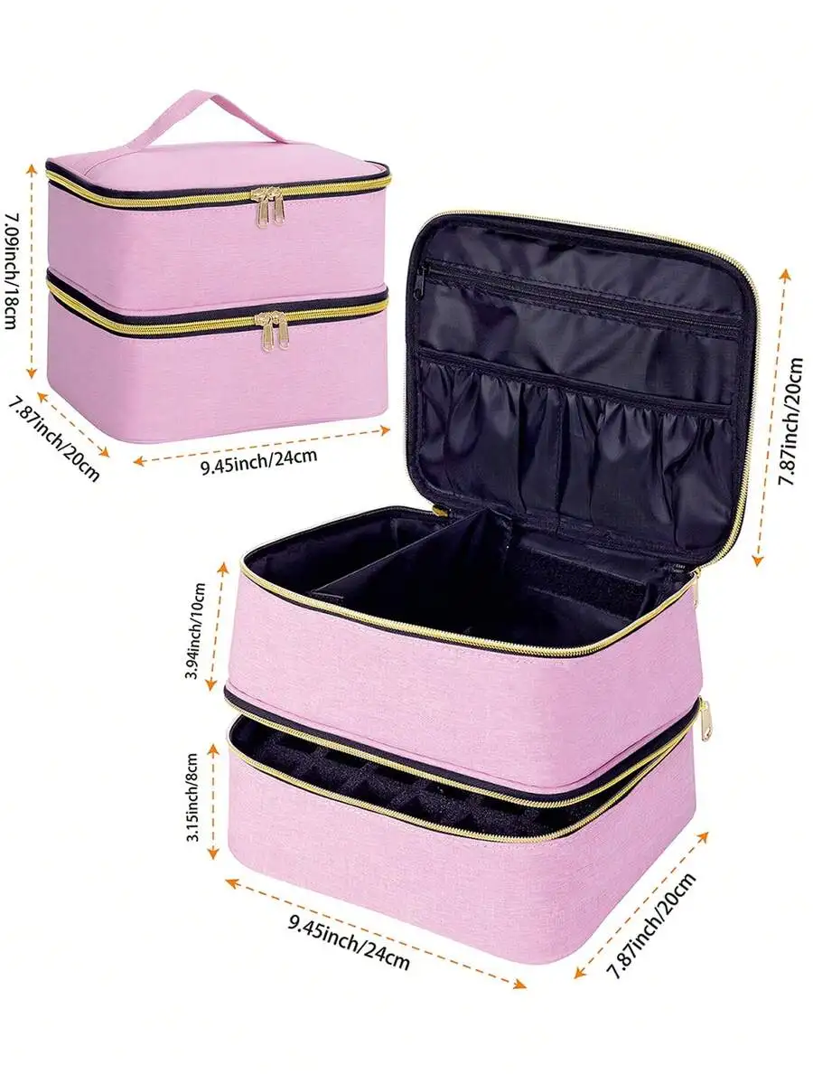Dual Layer Nail Polish Storage Box With Tool Organizer, Adjustable Dividers Makeup Bag Pouch For Manicurists Travel Essential