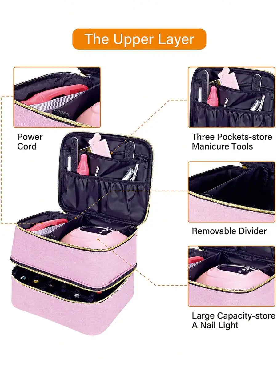 Dual Layer Nail Polish Storage Box With Tool Organizer, Adjustable Dividers Makeup Bag Pouch For Manicurists Travel Essential