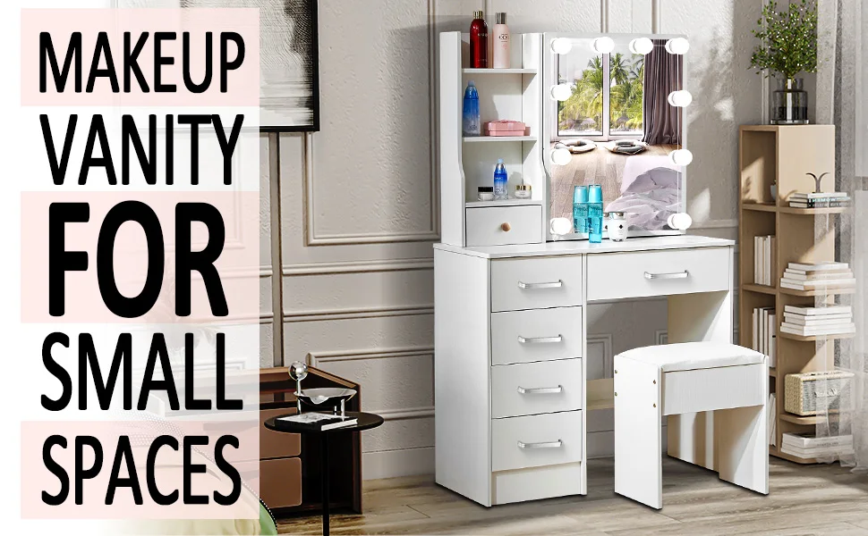 Dressing Table with LED Mirror and Stool, Makeup Vanity Desk Set, 10 Lights Dimmable Mirror, 6 Drawer Bedroom Vanity Furniture