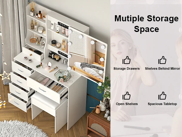 Dressing Table with LED Mirror and Stool, Makeup Vanity Desk Set, 10 Lights Dimmable Mirror, 6 Drawer Bedroom Vanity Furniture