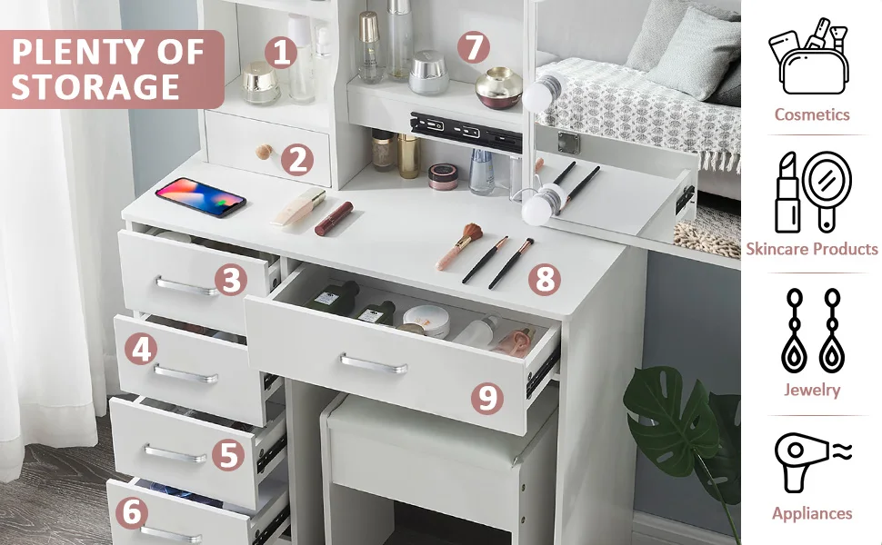 Dressing Table with LED Mirror and Stool, Makeup Vanity Desk Set, 10 Lights Dimmable Mirror, 6 Drawer Bedroom Vanity Furniture