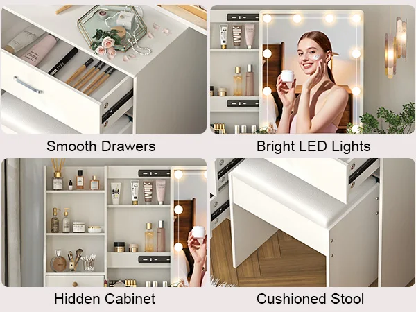 Dressing Table with LED Mirror and Stool, Makeup Vanity Desk Set, 10 Lights Dimmable Mirror, 6 Drawer Bedroom Vanity Furniture